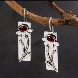 Silver Flower Red Stone Boho Earrings